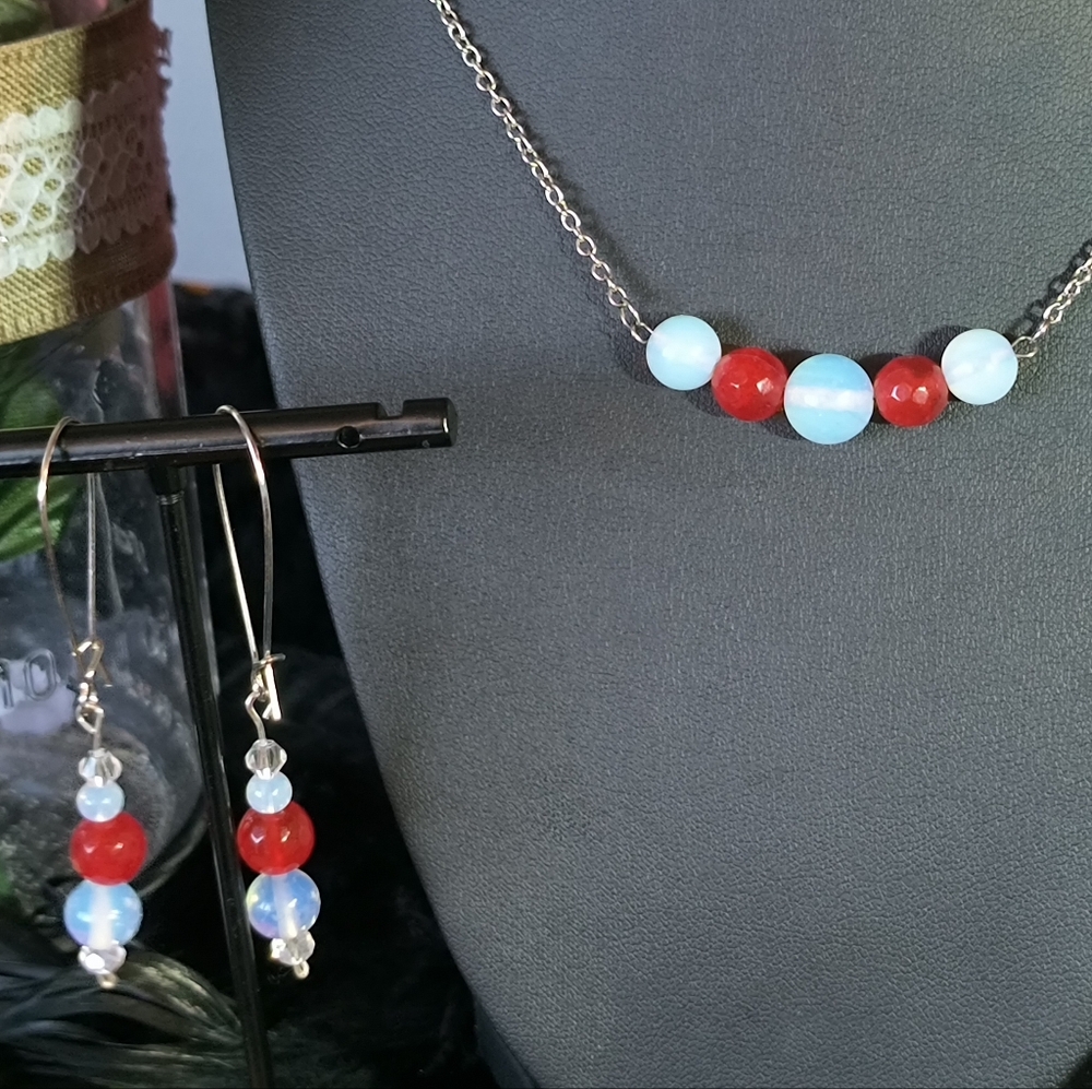Hand Crafted Ruby and Opal Bead Necklace And Earring Set